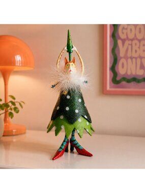 Whimsical Christmas Cat Tree Figurine Glitter Folk Art Holiday Collectible 9.5"